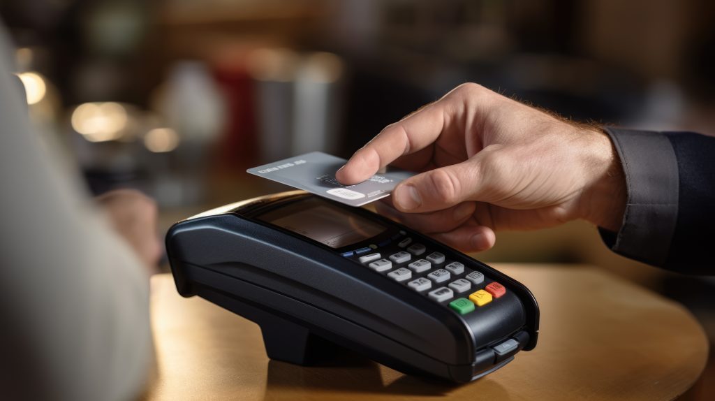 Contactless payment concept, customer holding credit card near nfc technology on counter, client make transaction pay bill. Created with Generative AI technology.